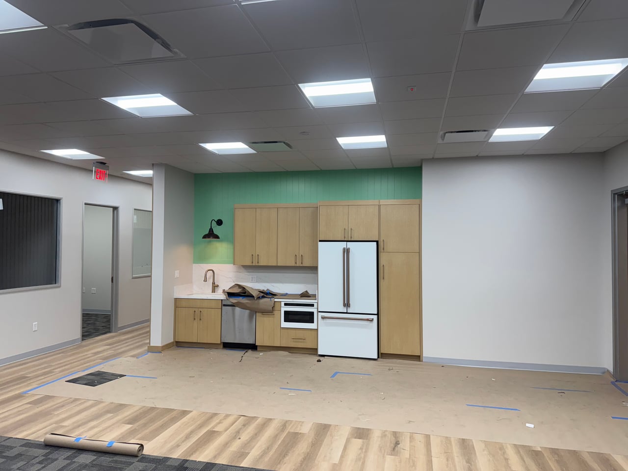 Ceiling lighting in the breakroom of Highland Lumber’s new offices