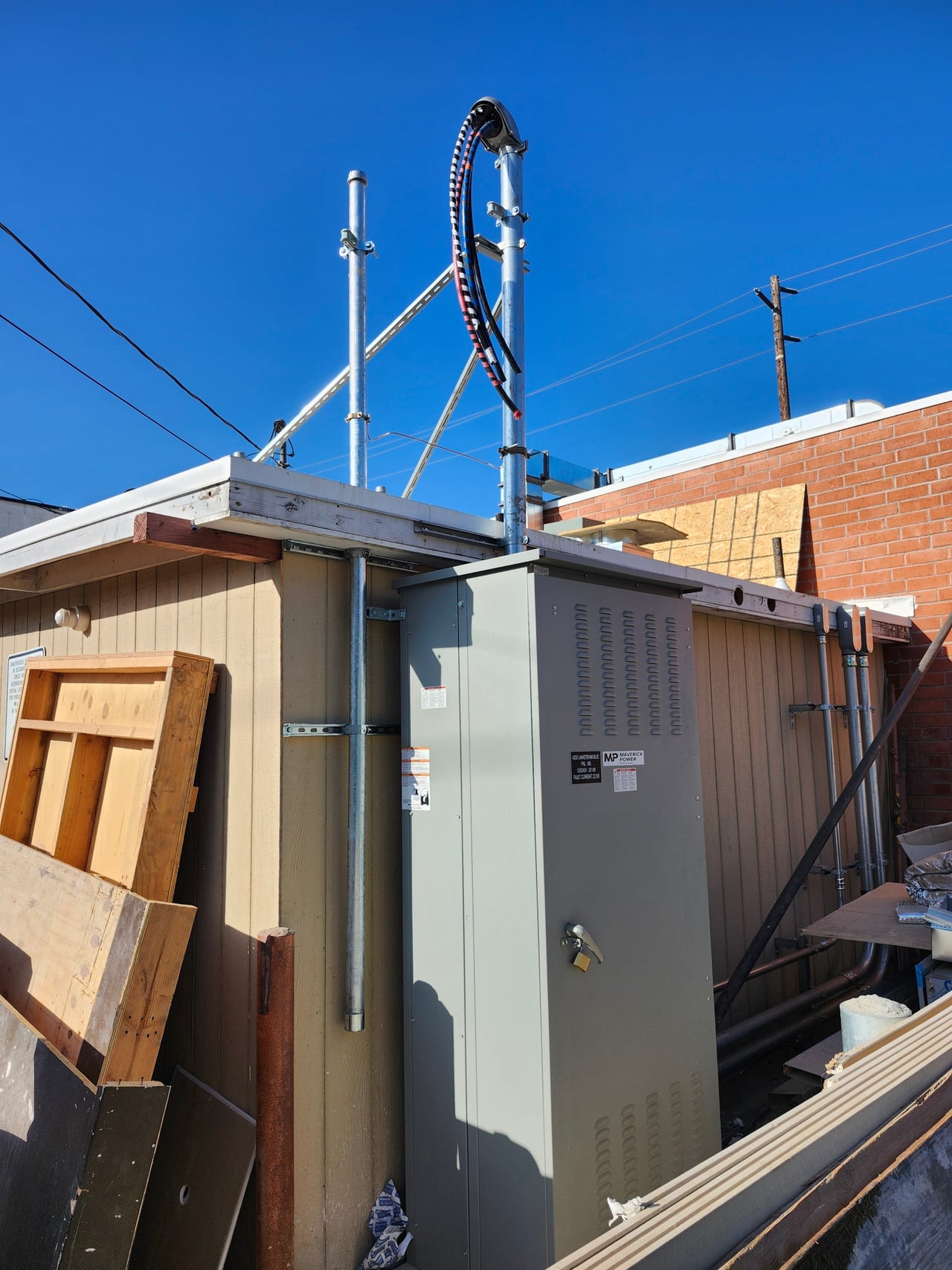Close view of the Mensano distribution board and service riser above the roof